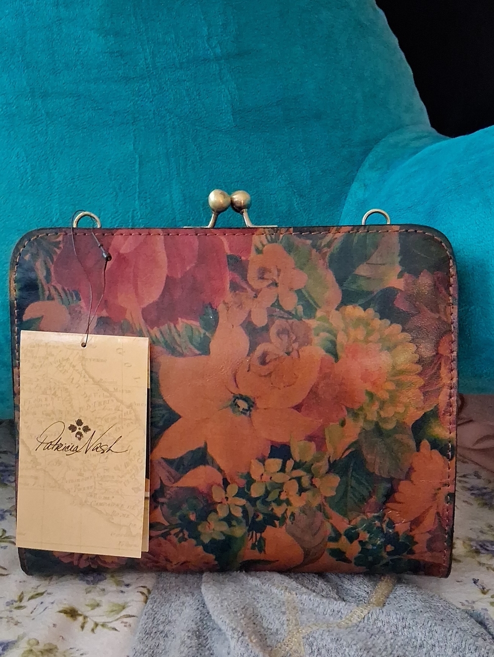 Patricia Nash Orange Floral Leather Frame-Top Wristlet Clutch